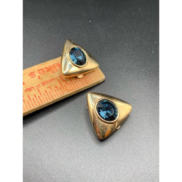 Navy Blue & Gold Tone Clip On Earrings Triangle Shaped Blue Glass Stones Signed - Picture 4 of 4
